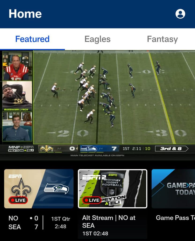 Home screen of NFLcom app