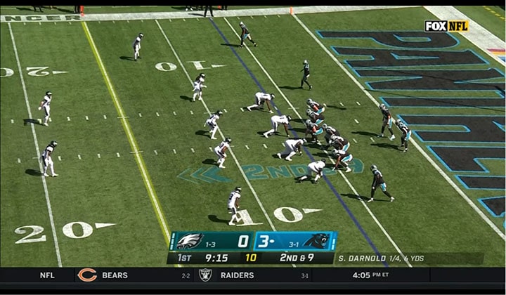 Carolina Panthers line up to run a play against the Philadelphia Eagles